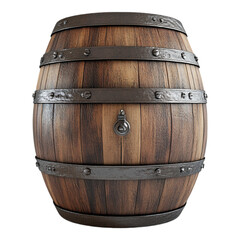 Obraz premium A rustic wooden barrel with dark metal hoops sits isolated on a clean transparent background, perfect for beverage advertising.