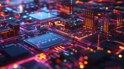 Obraz premium Neon Cityscape on a Microchip: A Futuristic Digital Metropolis