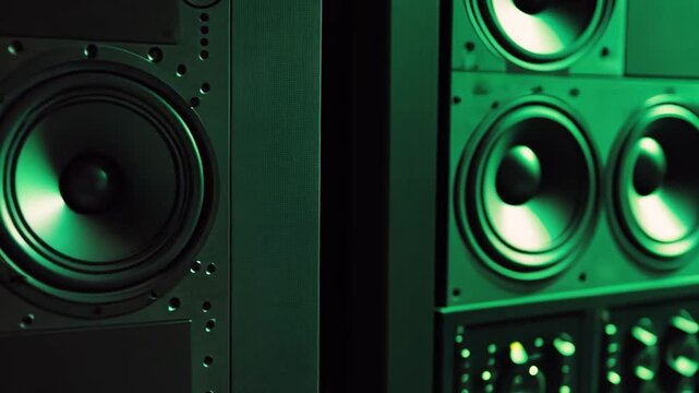 Green Audiophile Speakers:Close-up of powerful, high-end audio speakers with a vibrant green hue, ideal for music lovers and audiophiles. The image exudes quality and sophistication. 