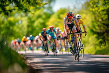 Cyclists race along country roads on a sunny day in a bicycle road race