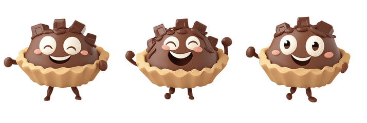 Obraz premium Cute chocolate tart characters, three joyful cartoon figures with chocolate and pastry, smiling and waving, playful design, isolated on transparent background, png