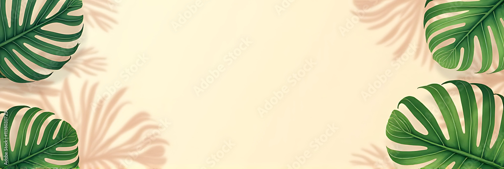 Poster summer vibes are created with tropical leaves on a soft pastel colored background for visually appea