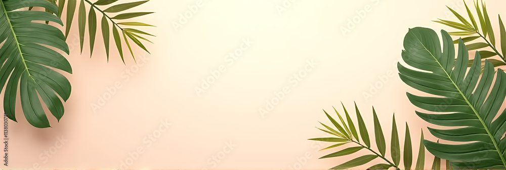 Poster summer vibes are created with tropical leaves on a soft pastel colored background for visually appea