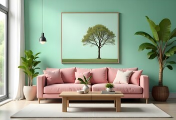 A modern living room with a large pink sofa, a wooden coffee table, and a large framed artwork on the wall depicting a tree against a mint green background.