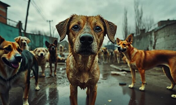 A group of stray dogs, looking dirty and thin at the stray dog base, looked at the camera with pleading eyes