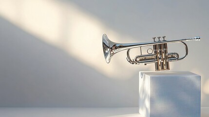 Silver trumpet on a white cube against a light background.