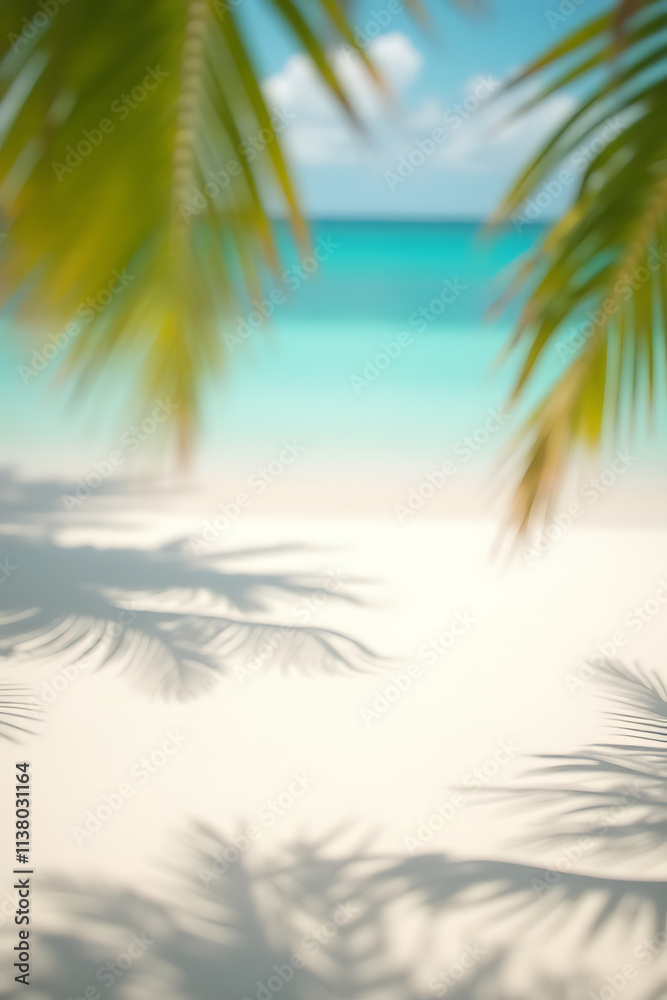 Poster summer and holiday backgrounds feature selective focus on white sand and shadows of tree leaves in w