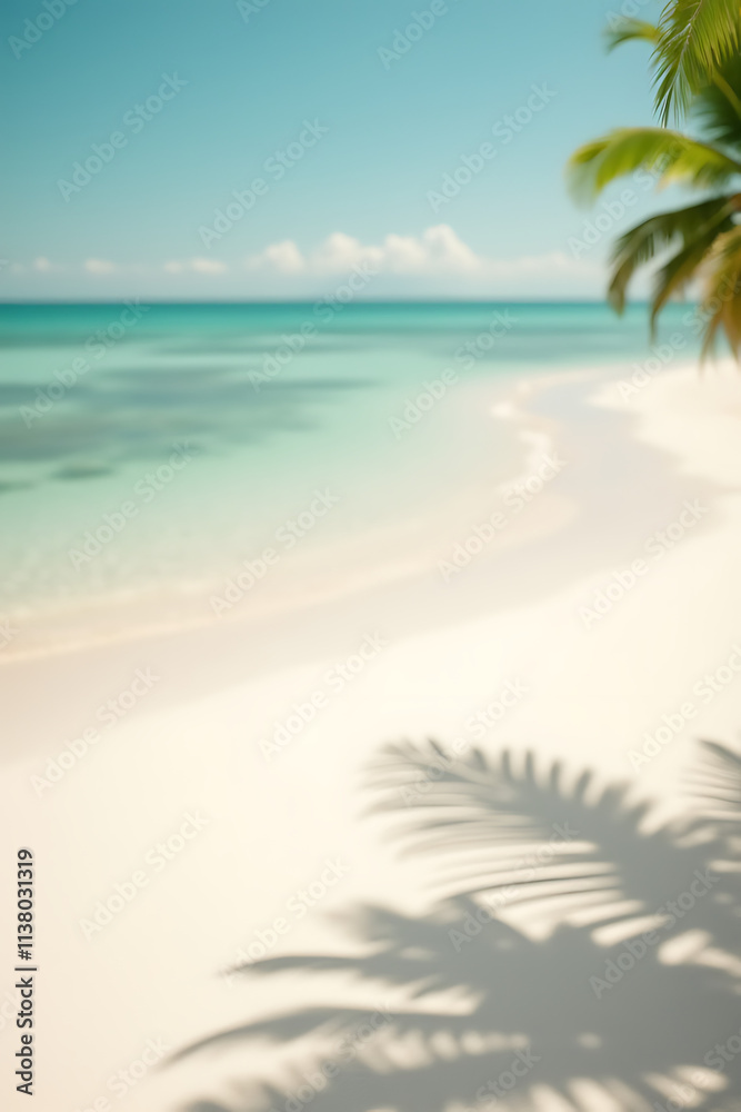 Poster summer and holiday backgrounds feature selective focus on white sand and shadows of tree leaves in w