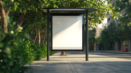 A modern bus stop shelter surrounded by lush greenery in an urban setting.