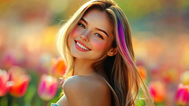 pretty blonde hair woman in flower garden smiling with sexy pose, wearing vintage shoulderless dress