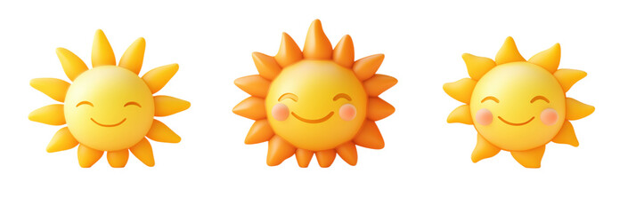Smiling suns with cheerful expressions, bright yellow and orange colors, cartoonish design, playful and friendly appearance, isolated on transparent background, png