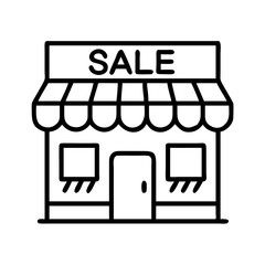 storefront with sale signs icon, black friday line art, black friday icon - simple black line art icon of storefront with sale signs, for black friday celebrations. black friday vector art.