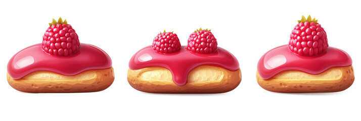 Raspberry donuts with glossy icing and fresh raspberries, three delectable pastries arranged in a row, vibrant colors, sweet treat, isolated on transparent background, png