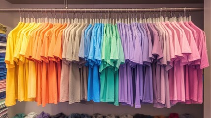 Colorful Collection of Shirts Hanging in Retail Store Display
