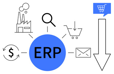 Central blue ERP circle connected to icons representing a factory, magnifying glass, shopping cart, email, dollar symbol, and download arrow. Ideal for business management, operations, finance