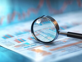 Due Diligence business analysis with magnifying glass over financial documents and charts
