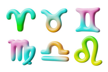 3d illustration of a set of cartoon zodiac signs with a multicolored gradient texture.