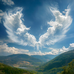 Naklejka premium Clouds shaped like angel wings in a stunning blue sky over green mountains, symbolizing peace, hope, divinity, inspiration, and the beauty of nature in a serene landscape