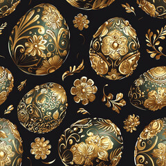 A decorative pattern featuring ornate, golden eggs adorned with floral designs against a dark background.