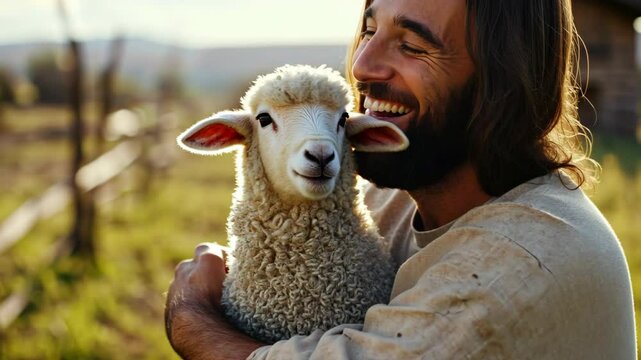Jesus Christ smiling with joy at green pasture holding a lamb in arms