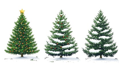 Obraz premium Vibrant Christmas Trees With Ornaments and Snow on white background 2D Illustrations AI Generated