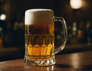 A beer mug with a frothy head, placed in front of bar shelves full of bottles.