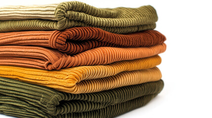 A stack of folded corduroy trousers in earth tones like olive green, burnt orange, and mustard yellow, detailed ridges of fabric creating rich textures, clean lines and precise edges that emphasize th