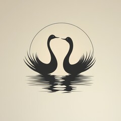 Fototapeta premium Two elegant black swans facing each other, reflected in calm water under a large sun or moon.