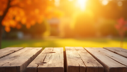 Rustic wooden planks set against a warm orange garden backdrop with soft morning sunlight filtering through the blurred images._00003_