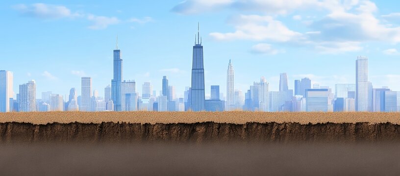 Cityscape above ground level; revealing soil below.