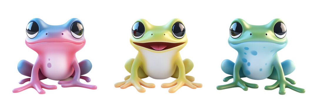 Colorful cartoon frogs, vibrant expressions, cute designs, three distinct frogs with bright colors and large eyes, showcasing playful personalities, isolated on transparent background, png