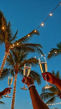 Celebration under palm trees with sparkling drinks at sunset during a joyful beach gathering