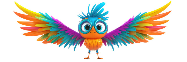 Fototapeta premium Colorful cartoon bird with vibrant wings, large eyes, and fluffy feathers. Brightly colored feathers in blue, orange, and purple. Playful expression., isolated on transparent background, png