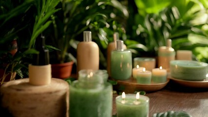 Tranquil spa setting with glowing candles and natural bath products amidst lush greenery. Ideal for wellness, relaxation, and aromatherapy videos.