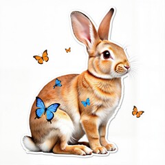 Cute Bunny Illustration with Butterflies and Nature, Print for T-Shirt