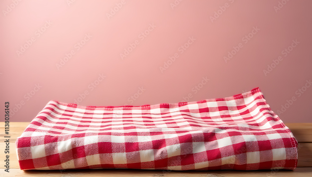 Poster Red and white checked fabric or cloth laid out on a wooden tabletop in an isolated background setting._00003_