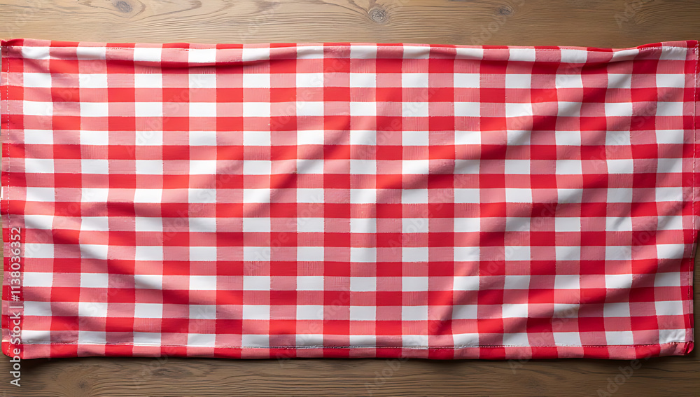 Poster red and white checked fabric or cloth laid out on a wooden tabletop in an isolated background settin