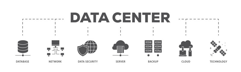 Data center infographic icon flow process which consists of database, network, data security, server, backup, cloud and technology icon live stroke and easy to edit .