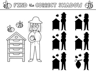 Find the correct shadow black and white activity page for kids with a cute girl beekeeper and bees. Shadow matching game in outline with a farm character. Vector illustration