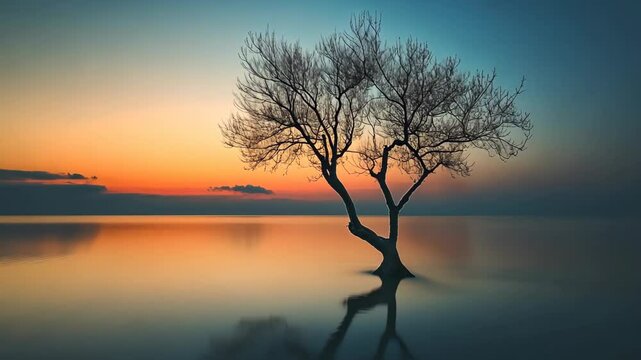 a lone leafless tree at sunset lake 