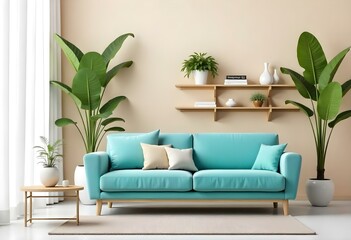 A modern living room with a teal blue sofa, wooden shelves, and lush green plants