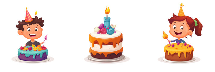 Fototapeta premium Children celebrating birthdays with colorful cakes, joyful expressions, party hats, and candles, isolated on transparent background, png