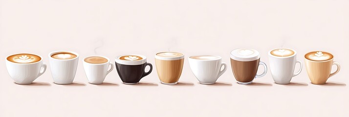 A set of coffee cups arranged in a row with different types of coffee: espresso, cappuccino, and latte