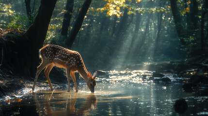 A deer cautiously sipping water from a crystal-clear forest stream, with dappled sunlight breaking through the trees