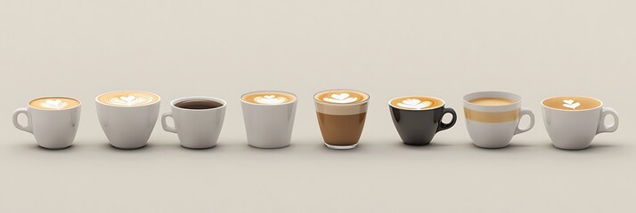 A set of coffee cups arranged in a row with different types of coffee: espresso, cappuccino, and latte