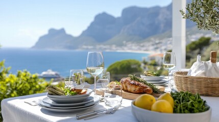 Fototapeta premium Scenic outdoor dining setup with ocean view, fresh ingredients, and elegant tableware.