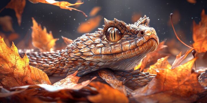 Autumnal Puff Adder Close up Reptile in Fallen Leaves