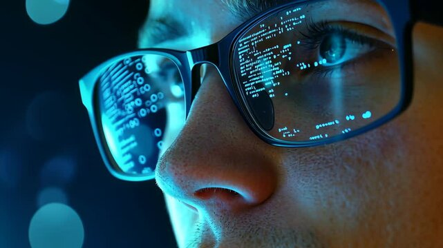 man working computer code, developing software in office digital interfaces with data overlaying her face banner