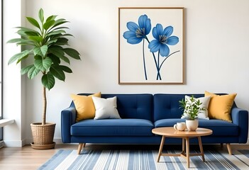 A modern living room with a navy blue sofa, a framed artwork depicting blue flowers, and a potted plant