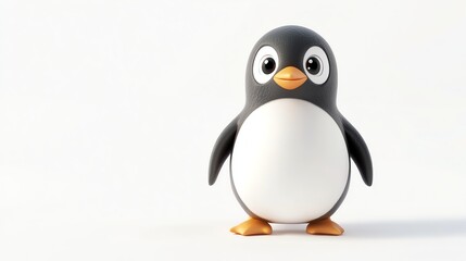 Fototapeta premium A cartoon penguin with big eyes stands on a white background.